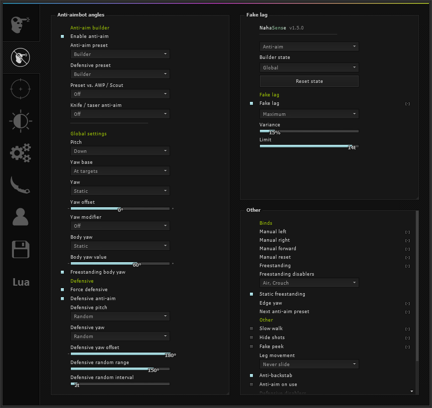 NahaSense menu: Anti-aim builder