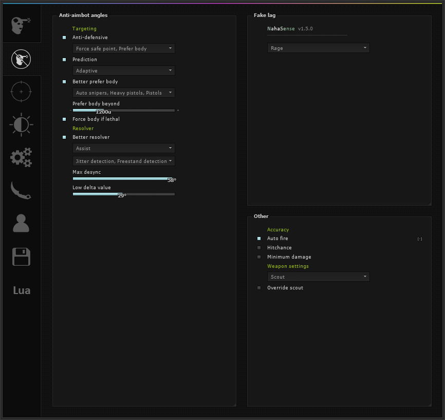 NahaSense menu: Ragebot & resolver
